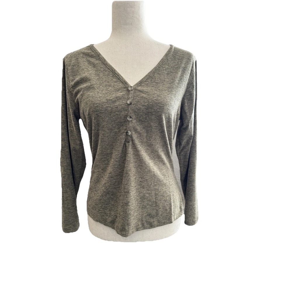 Canada Weather Gear Top Soft V Neck Henley Button Medium Brown‎ Oatmeal Logo